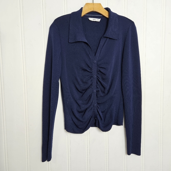 Mango MNG Navy Blue Gathered Knit Cardigan Womens L Classic Tailored Sweater - Picture 1 of 2